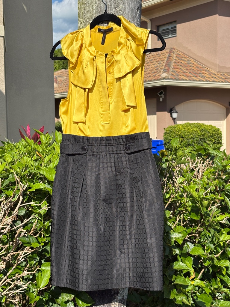 Bcbgmaxazria Yellow Ruffle-Sleeve Top With Black Textured Pencil Skirt
